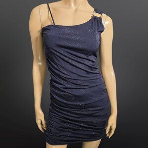 Y2K Mini Dress Size M Dark Blue Glitter One Shoulder Ruched Silver Buckle Fairy